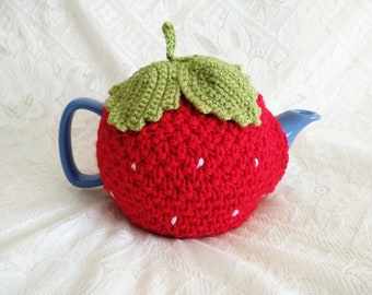 Strawberry Tea Cosy - Knit Fruit Teapot Cover - Red Green Leaves Crochet Kitchen Decoration Housewarming Birthday Wedding Kitchen Gift
