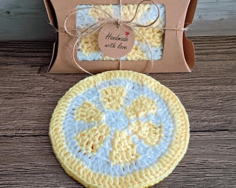Gift Boxed Lemon Slice Coaster - Crochet Felt Back Drink Coffee Mug Mat - Yellow Fruit Birthday Christmas Gift Autumn Fall Table Decoration