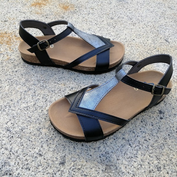 Sale 40%, Sandals, women sandals, vegan shoes,  Summer Shoes, Straps, flats, low heels sandals, FIESTA BLACK and PEWTER