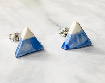 Mountain stud earrings, blue and white geographical porcelain ceramic solid sterling silver earrings, handmade in Hereford, Britain