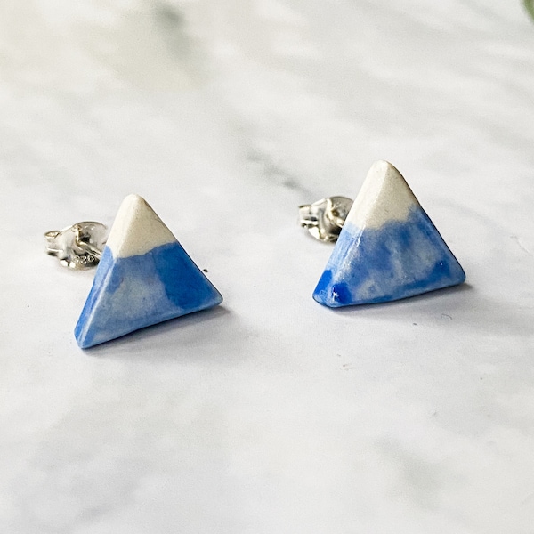 Mountain stud earrings, blue and white geographical porcelain ceramic solid sterling silver earrings, handmade in Hereford, Britain