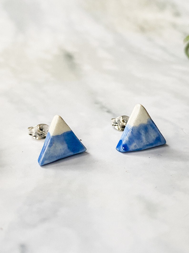 Mountain stud earrings, blue and white geographical porcelain ceramic solid sterling silver earrings, handmade in Hereford, Britain image 1