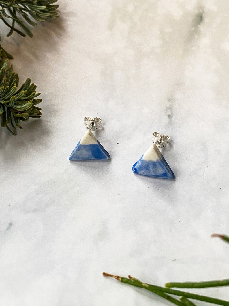 Mountain stud earrings, blue and white geographical porcelain ceramic solid sterling silver earrings, handmade in Hereford, Britain image 2