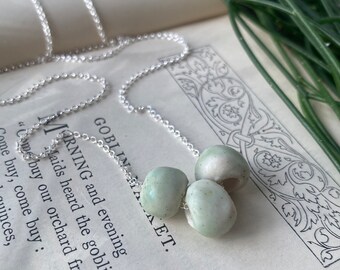 Teal three bead porcelain necklace on sterling silver 18'' chain, green teal glaze ceramic jewellery