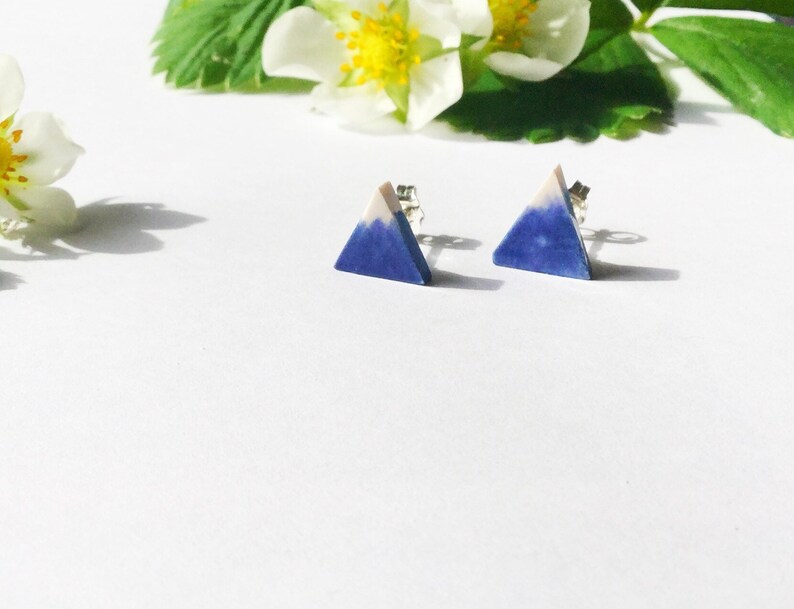 Mountain stud earrings, blue and white geographical porcelain ceramic solid sterling silver earrings, handmade in Hereford, Britain image 4