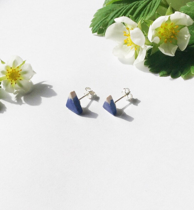 Mountain stud earrings, blue and white geographical porcelain ceramic solid sterling silver earrings, handmade in Hereford, Britain image 9