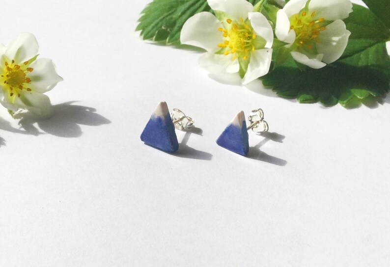 Mountain stud earrings, blue and white geographical porcelain ceramic solid sterling silver earrings, handmade in Hereford, Britain image 8