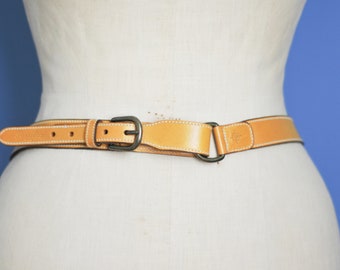 Parallax Paris vintage leather belt yellow leather size 85 size 40 original belt brass buckle artisanal belt Paris France