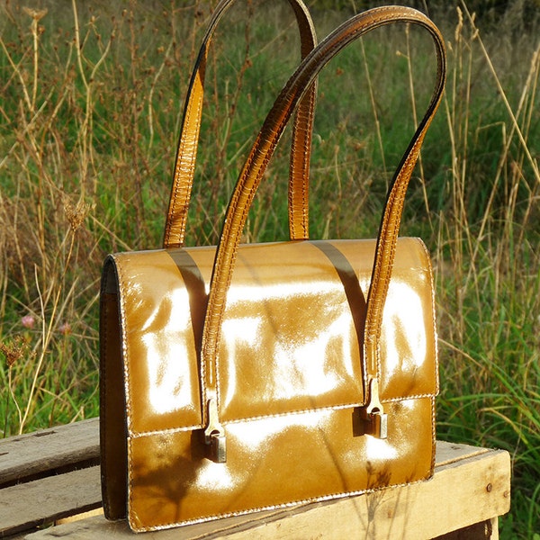 Sac à main vintage bag en cuir leather brillant jaune moutarde / vert olive porté main style années 50-60 fifties sixties automne hiver