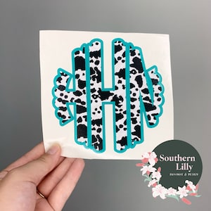 Cow Print Offset Vinyl Initials Double Layer Monogram Decal Laptop/Car/ Cup Sticker