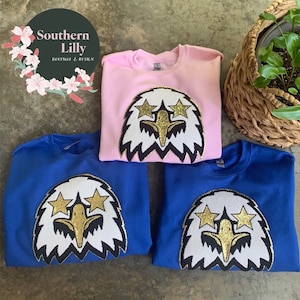 Eagle Chenille Patch School Sweatshirt, Mascot Sports Sweatshirt, Preppy Eagles Crewneck Pullover,Spirit Wear for Football