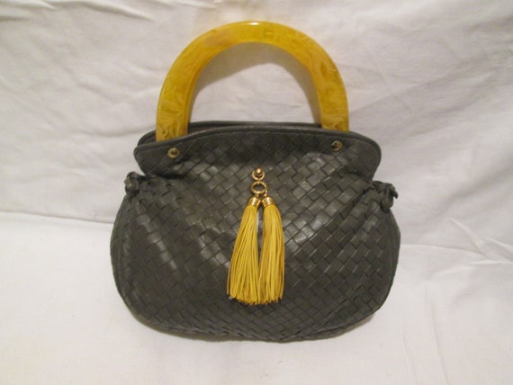 Rare Gray Leather Weave w/Yellow Lucite Handles T… - image 1