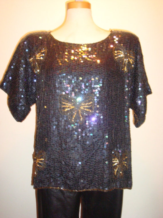 Black Sequins w/Bows Jewel Queen Pure Silk Blouse