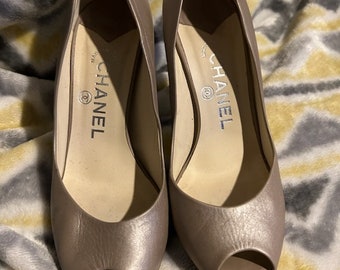 PRICE DROP Champagne Pearl Leather Chanel Peep Toe Pumps 6.5