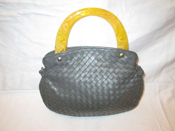 Rare Gray Leather Weave w/Yellow Lucite Handles T… - image 2