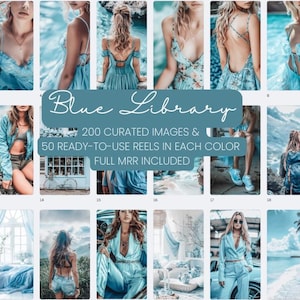 Pode incluir: Uma colagem de imagens que apresenta uma variedade de fotos em tons azuis, incluindo retratos, paisagens e naturezas mortas. O texto "Blue Library" é exibido em uma fonte grande na parte superior da colagem. O texto "200 imagens selecionadas e 50 rolos prontos para usar em cada cor Full MRR incluído" é exibido abaixo do título.