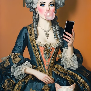 Elegante mujer rococó soplando chicle – Descarga digital de alta resolución