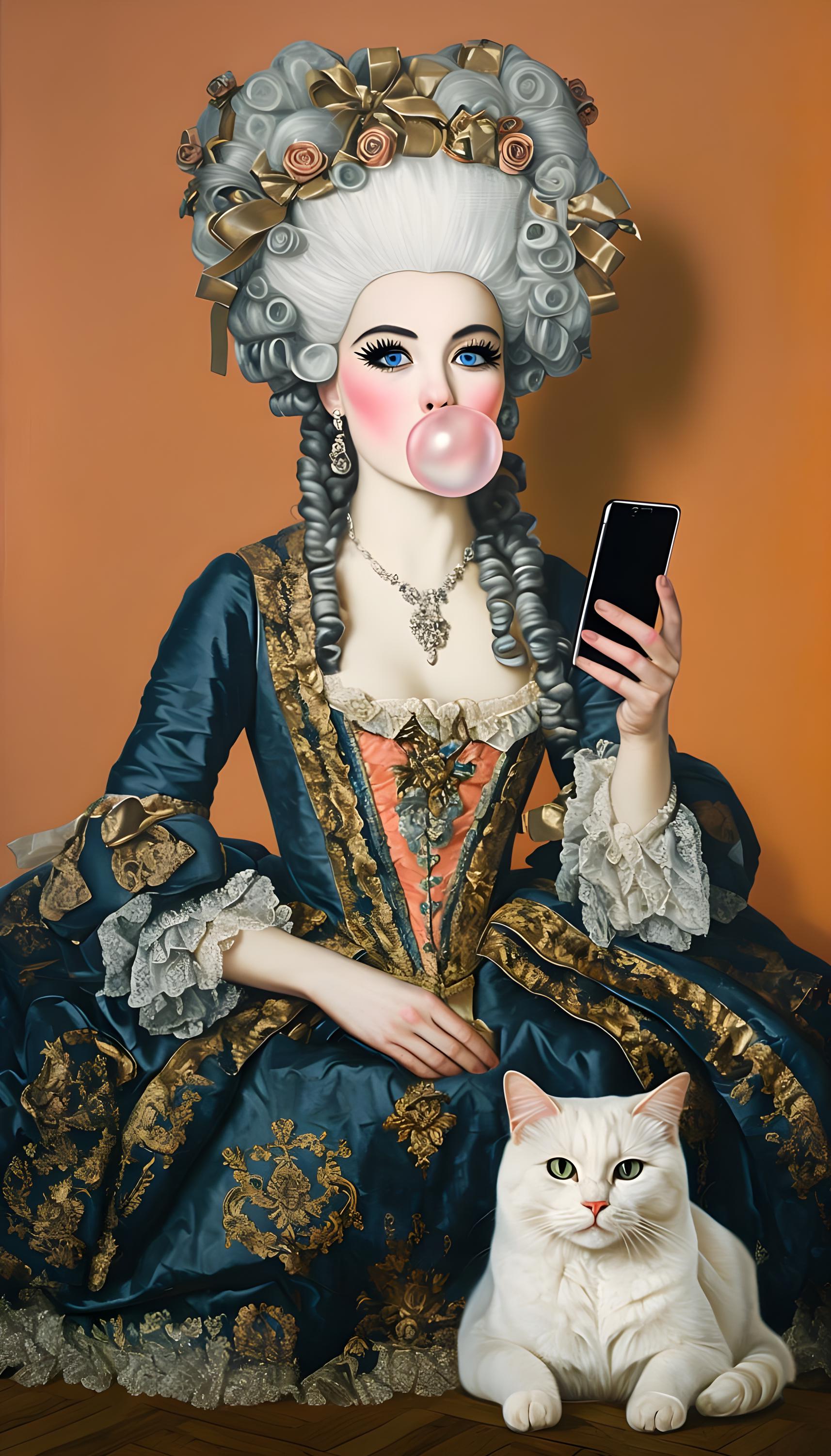 Elegant Rococo Woman Blowing Bubblegum – High-Resolution Digital Download
