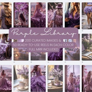 Pode incluir: Uma colagem de imagens com vários elementos temáticos roxos, incluindo flores, roupas e elementos de design de interiores. O texto "Purple Library" é exibido no centro da colagem, juntamente com a descrição "200 imagens curadas & 50 rolos prontos para usar em cada cor. MRR completo incluído."