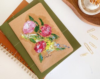 Hand Painted Blank Floral Journal - Kraft Notebook - Original Flower Painting