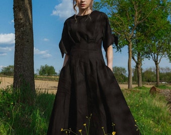 Woman black dress / midi woman dress / black linen dress / summer unusual dress / woman linen dress / A line dress / plus size dress 22045