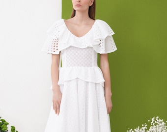 Beautiful summer dress / woman cotton dress / white cotton dress / handmade dress / wedding dress / midi woman dress / Fasada 20007