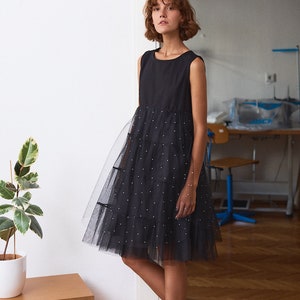 Woman black dress / tulle black dress / special occasion dress / elegant knee dress / dott tulle dress / party dress / Fasada 20077