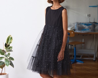 Woman black dress / tulle black dress / special occasion dress / elegant knee dress / dott tulle dress / party dress / Fasada 20077