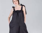 Black long overall / Woman's summer jumpsuit / Linen black loose overall / Pocket oversized jumpsuit / Shapeless woman's pants /Fasada 17083