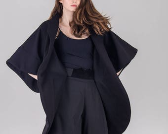 Black cotton oversized cardigan / Woman black jacket / Chunky loose cardigan / Shapeless black jacket with pockets / Plus size/ Fasada 17072