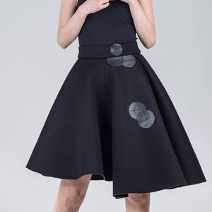 Woman's black skirt / Black neoprene high waist skirt / Leather detail voluminous skirt / Asymmetric black skirt / Fasada 17094 image 1