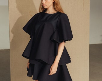 Woman black neopren dress / avant garde woman elegant dress / oversized cocktail dress / neopren dress / black party dress / Fasada 22127