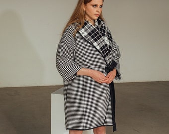 Woman winter coat / double wool coat / black and white woman coat / wool and cashmere winter coat / pockets coat / wrap coat / Fasada 22114