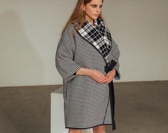 Manteau d’hiver femme / manteau double laine / manteau femme noir et blanc / manteau d’hiver laine et cachemire / manteau de poche / manteau enveloppant / Fasada 22114