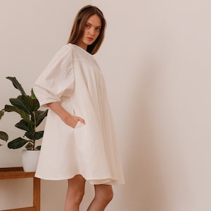 White linen woman&#39;s elegant dress / summer full circle dress with sleeves / pocket knee length white dress / Fasada 18043 dress