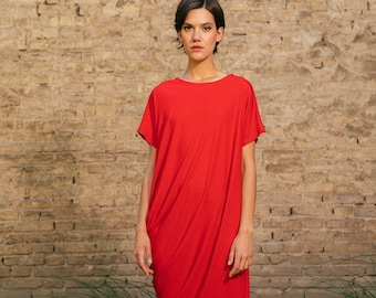 Woman red dress / draped woman dress / oversized summer dress / viscose red dress / little red dress / plus size knee dress / Fasada 22084