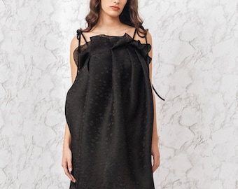 Beautiful black silk dress / elegant fashion balloon dress / summer knee length silk dress / unusual midi woman dress / Fasada 19022