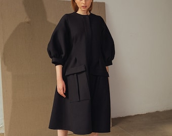 Woman black coat neoprene long coat /midi woman coat/A-line neoprene coat / big pockets and 3/4 sleeves coat  minimalistic coat/Fasada 22129