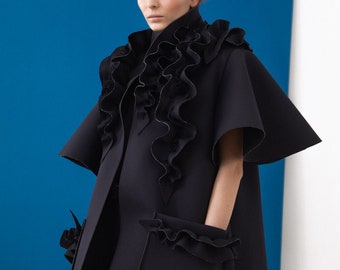 Beautiful black coat / neoprene voluminous coat / woman unusual pocket coat / avantgarde woman coat / oversized coat / Fasada 19164