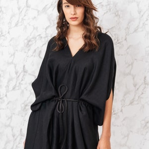 Amazing black woman's dress / midi plus size woman dress / kimono style v neck dress / summer long linen dress / Fasada 19015 image 1