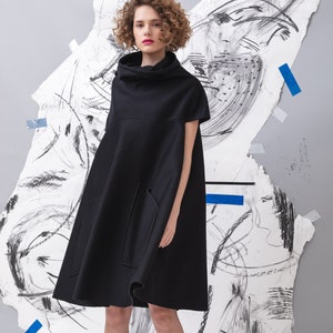 Woman black dress / circle black dress / elegant neoprene fashion dress / plus size cape dress / unusual party black dress / Fasada 19148