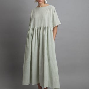 Handmade women summer dress /oversized striped long dress / cotton dress/ romantic lightweight daily dress /roomy fit dress with pockets