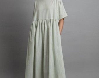 Vestido midi de algodão listrado feito à mão/vestido de verão leve com bolsos