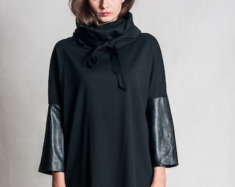Black cowl neck dress / Oversized dress with leather sleeves / Shapeless short black dress / Leather dress / Fasada 15094