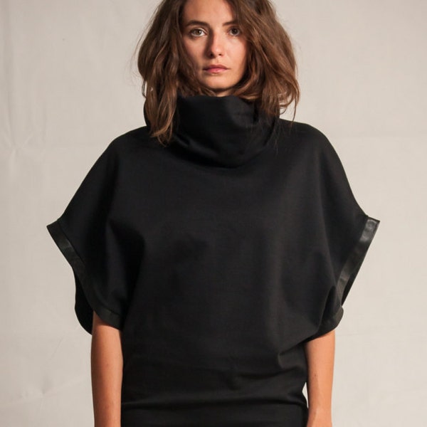 Black cotton midi dress / Extra big sleeves dress / Cowl neck dress / Leather details dress / Oversized midi dress / Fasada 15004