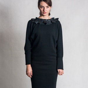 Black evening dress / Bat sleeve dress / Leather details dress / Elegant dress / Black pencil dress / Long sleeves black dress /Fasada 15092 image 1