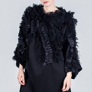 Black oversized woman&#39;s dress / Black special occasions unique dress / Handmade woman&#39;s dress with frills / Fasada 17043