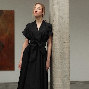Woman black dress / midi black dress / tie waist black dress / A line woman dress / plus size dress / formal black dress