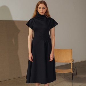 Woman black dress / woman midi elegant dress / party dress / draped plus size dress / long woman dress /special occasion dress /Fasada 22110