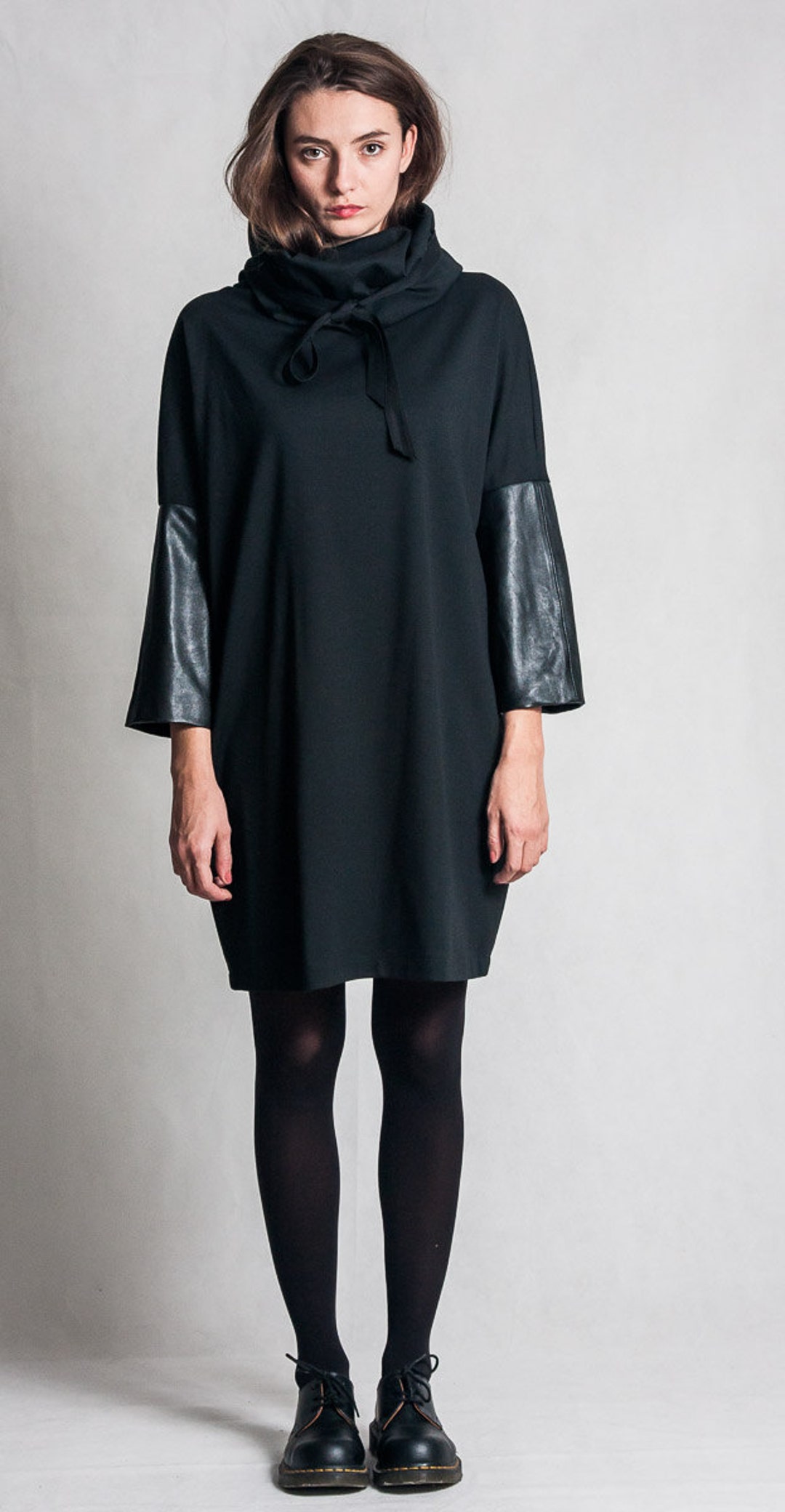 Black Cowl Neck Dress with Leather Sleeves/ Oversized Wool Blend Tunic